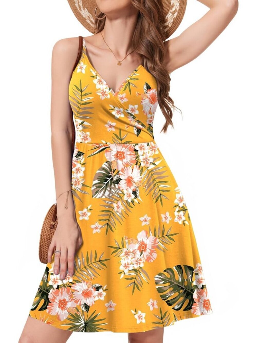 Women's Green Leaf Yellow Spaghetti Strap Sundress Casual Beach Flowy Mini Dress